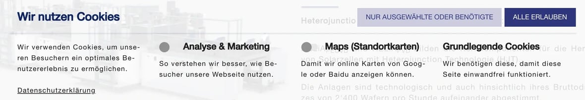 Beispiel Cookie-Banner von Meyer Burger https://www.meyerburger.com/de/