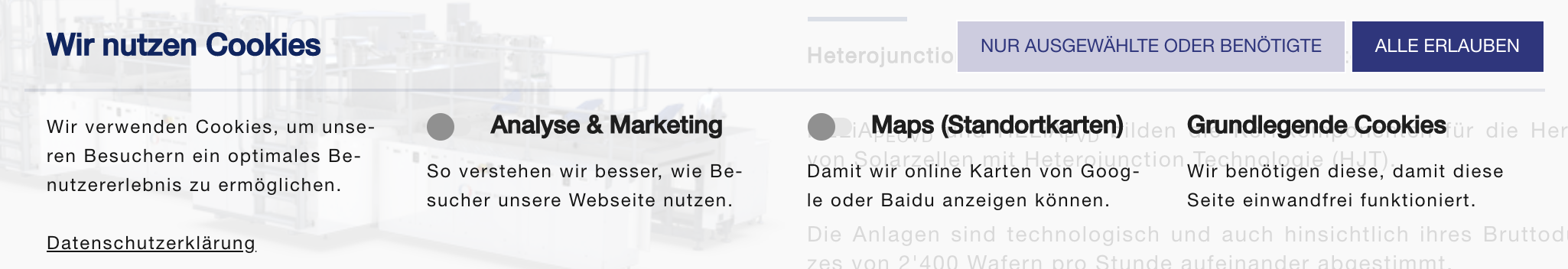 Beispiel Cookie-Banner von Meyer Burger https://www.meyerburger.com/de/