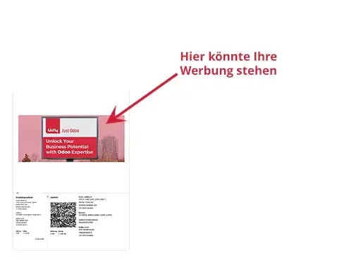 An illustration of a Swiss QR invoice form. The top part of the document is a black field with the text 'Ihre Werbung hier' (Your advertisement here). Below are the 'Zahlteil' (payment section) with a QR code and the 'Empfangsschein' (receipt), which contain all the necessary payment information