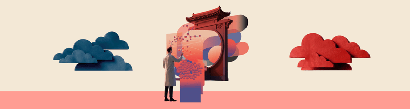 China Market Readiness für Life-Science-Tools mit Wissenschaftler, Molekülmodell und chinesischem Tor