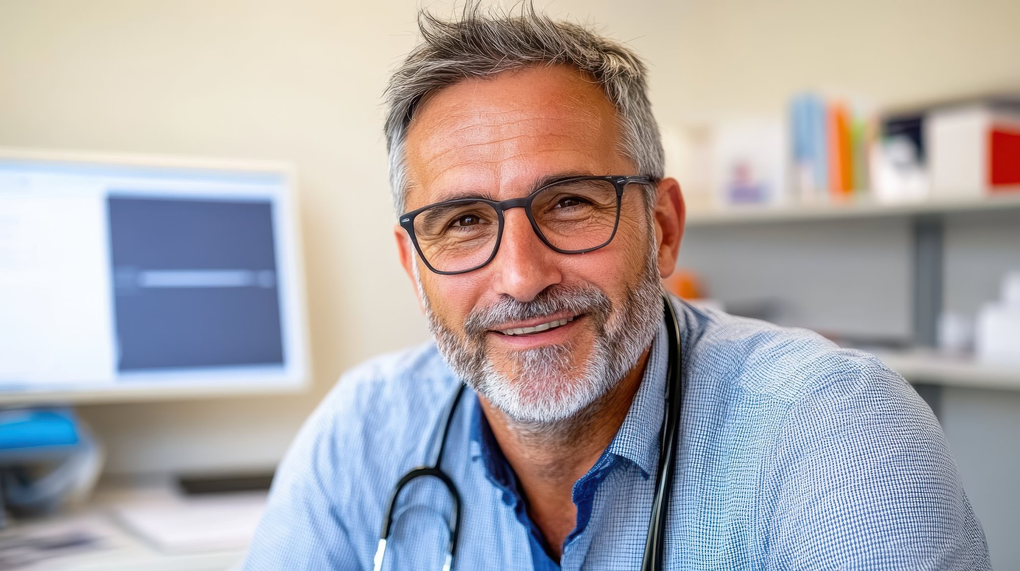 A middle aged male doctor with a stethoscope around his neck, sitting at his desk and smiling.