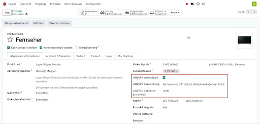 Odoo Apps Entwicklung | Vor-Konfiguration der vRG-Gebühren in Produkten